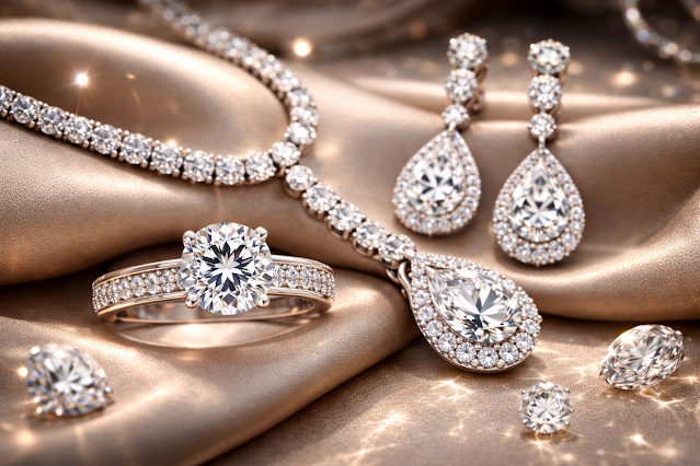 Elegant Diamond Ring and Jewelry Set for Luxury Wear Luxury diamond jewelry set featuring an elegant diamond ring, matching necklace, and drop earrings on a satin background