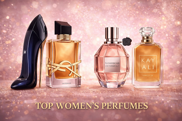 Top women's perfume collection 2026 featuring Carolina Herrera Good Girl, YSL Libre Intense, Viktor & Rolf Flowerbomb and Kayali Vanilla 28luxury fragrances