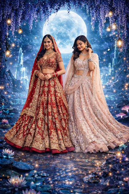 Trending Indian Bridal Lehenga Designs 2026 – Red & Pastel Wedding Looks Trending Indian bridal lehenga 2026 featuring red and pastel lehenga designs in a magical moonlit wedding theme, perfect for modern Indian weddings.