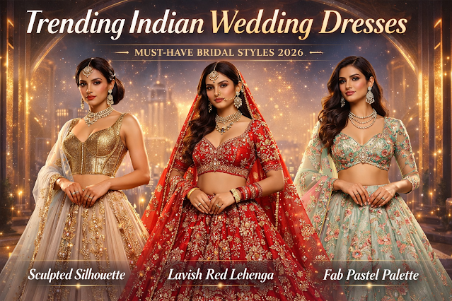 Trending Indian Wedding Dresses 2026 – Latest Bridal Lehenga Styles Three Indian brides wearing trending wedding lehenga designs 2026 including a classic red bridal lehenga, modern gold lehenga and pastel floral lehenga for Indian weddings