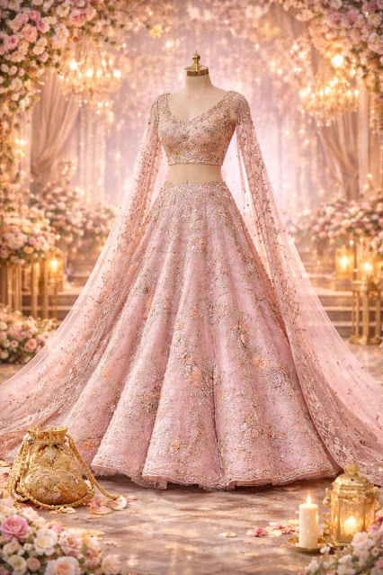 Blush Pink Bridal Lehenga with Heavy Embroidery | Luxury Wedding Lehenga Design 2026 Blush pink bridal lehenga with heavy gold floral embroidery, sheer dupatta, and luxury wedding backdrop setup.