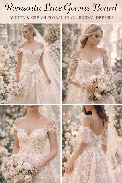 Bridal Gown Trends 2026 – Elegant Wedding Dresses & Celebrity Inspired Looks Collage of elegant bridal gowns featuring modern white wedding dresses, lace detailing, long trains, and glamorous evening gown styles for brides.