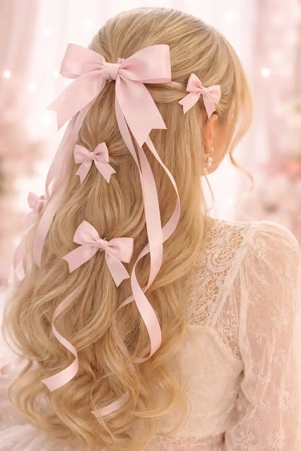 coquette-aesthetic-bows- trending-fashion-styles Soft pink coquette aesthetic with silk bows, a popular choice in trending fashion styles for girls.