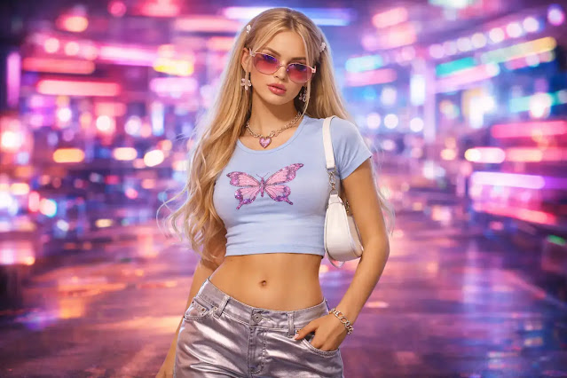 y2k-retro-revival-outfit- trending-fashion-styles Retro Y2K revival look with metallic pants and baby tee, a viral part of trending fashion styles.