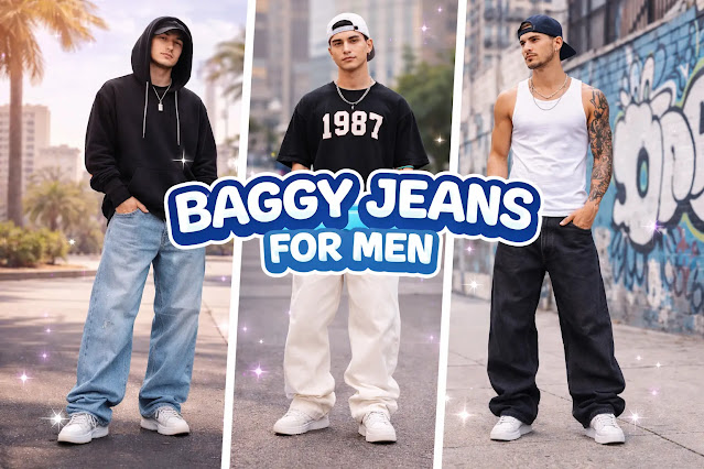 Baggy Jeans for Men 2026 – Casual Black, White & Urban Streetwear Styles Stylish men wearing oversized baggy jeans in black, white and blue paired with hoodies and casual streetwear outfits in city background