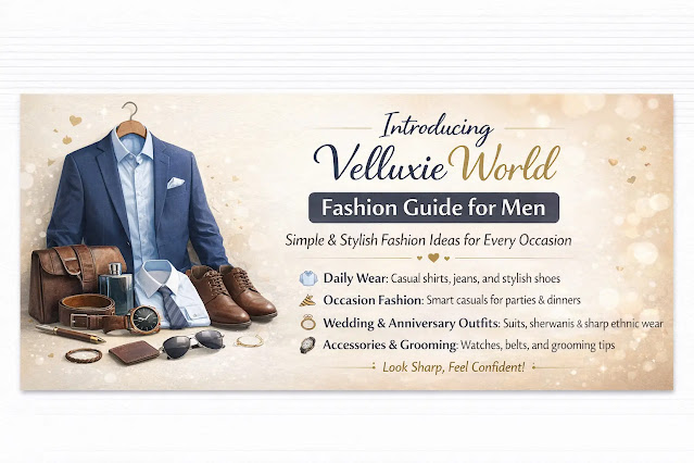 Fashion Guide for Men – Velluxie World: Daily, Occasion & Wedding Styles Velluxie World men’s fashion guide banner featuring stylish outfits, shoes, watches, and accessories for daily wear, occasion fashion, weddings, and anniversaries. Clean and modern layout with simple and practical style ideas for confident looks.”