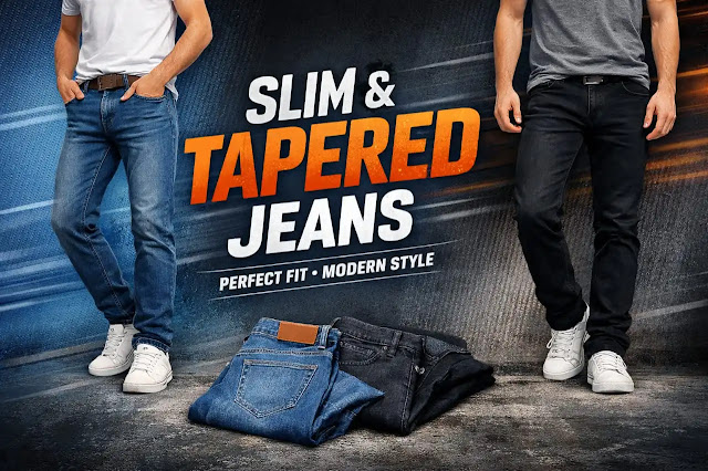 SLIM & TAPERED – JEANS Slim & Tapered Jeans promotional banner featuring blue and black slim fit denimjeans with modern styling and bold typography.