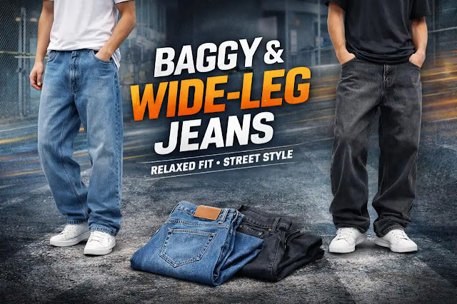 BAGGY & WIDE-LEG – JEANS Baggy and wide-leg jeans banner featuring relaxed fit denim with modern street style fashion look.