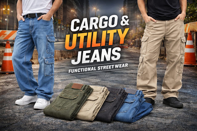 CARGO & UTILITY – JEANS Cargo and utility jeans promotional banner featuring multi-color cargo pants including blue, khaki, olive, and black with urban street background.