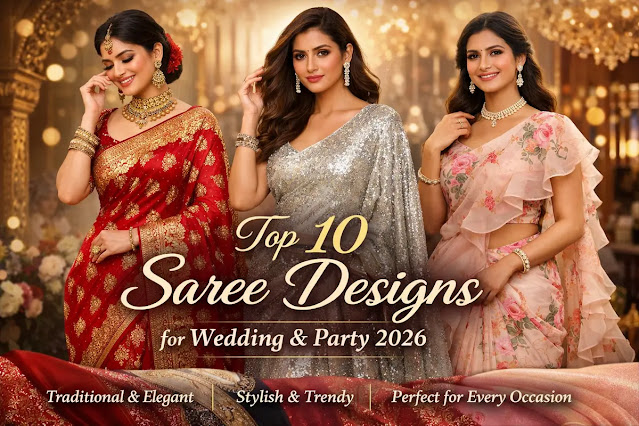 Top 10 Saree Designs for Wedding and Party 2026 – Banarasi, Sequin and Designer Saree Styles