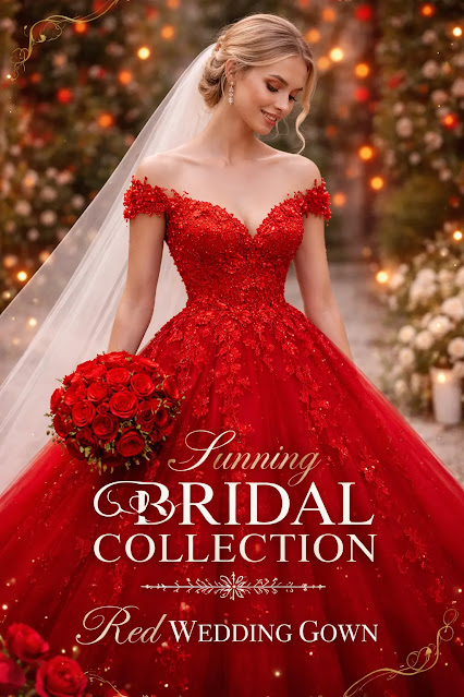 Stunning Red Bridal Gown - Luxury Wedding Dress I Luxury red bridal gown with floral embroidery, elegant wedding dress with veil and red rose bouguet, romantic garden background