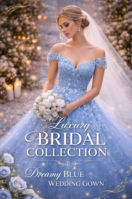 Dreamy Blue Bridal Gown - Luxury Wedding Dress | Dreamy blue bridal gown with floral lace embroidery, elegant wedding dress with veil and bouquet, luxury garden wedding theme