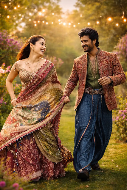 Rashmika Mandanna और Vijay Deverakonda के traditional wedding outfits का royal banner image