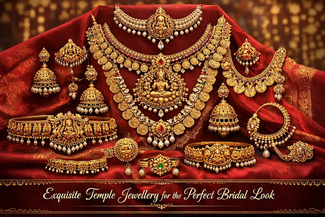 Traditional South Indian temple jewellery set with gold necklace, choker, jhumka, maang tikka, bangles and kamarbandh on red silk fabric