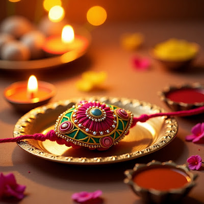 Raksha Bandhan "Traditional Rakhi with decorative beads and embroidery placed on yellow background – perfect for Raksha Bandhan celebration
