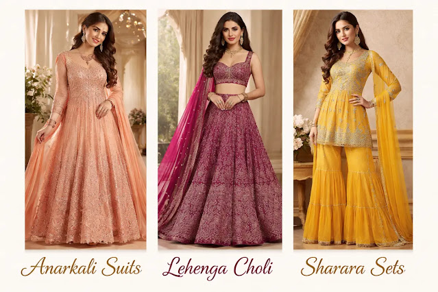 anarkali-lehenga-sharara-ethnic-outfits.webp Stylish Anarkali Suits, Lehenga Choli and Sharara Sets for women – traditional Indian ethnic outfits for festivals and weddings