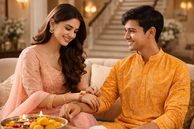 raksha-bandhan-brother-sister-tying-rakhi.webp Sister tying rakhi to her brother at home during Raksha Bandhan celebration in traditional Indian outfits