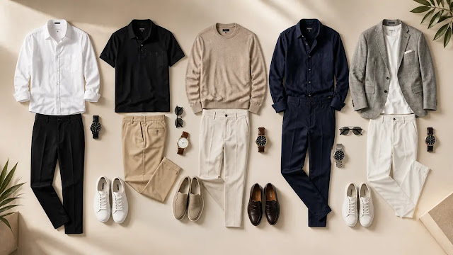 Premium Style Outfits Collection for Men 2026 minimal premium outfits flat lay shirts trousers shoes classy fashion collection men