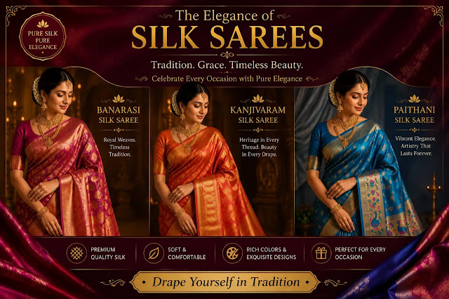 Elegant silk saree banner featuring blue Paithani, purple Banarasi, and orange Kanjivaram sarees with traditional luxury design and soft celebrity-inspired background.
