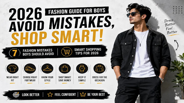 Fashion Mistakes Boys Should Avoid in 2026 Modern boys fashion top banner with stylish male models, smart shopping tips, fashion mistakes to avoid in 2026, trendy outfits and bold graphic background.