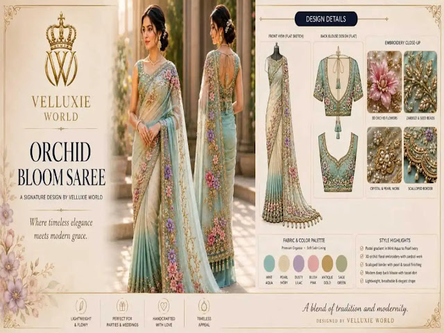 Velluxie World designer Orchid Bloom Saree banner in mint aqua and pearl ivory shades, featuring 3D orchid embroidery, zardozi work, fabric color palette, and detailed design sketches.
