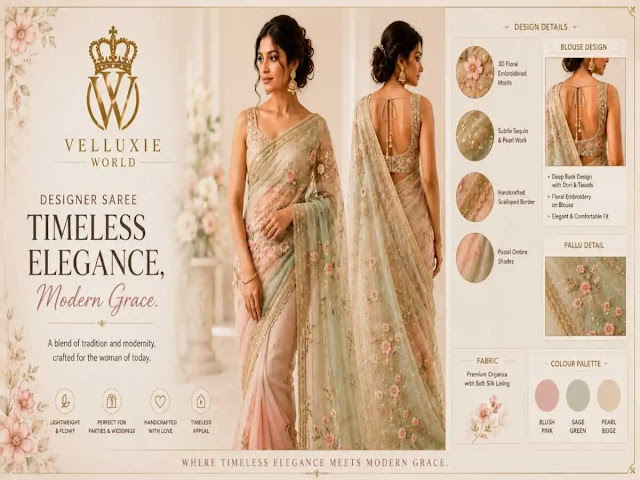 Velluxie World designer saree banner in blush pink and sage green pastel ombre shades, featuring 3D floral embroidery, deep back blouse design with dori, premium organza fabric, and detailed close-ups.