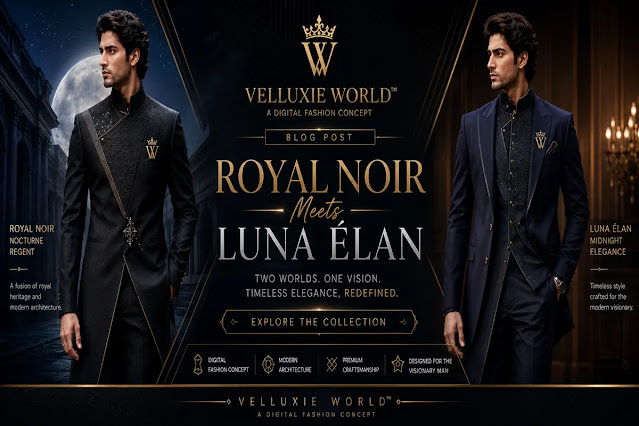 Velluxie World blog post banner featuring Royal Noir Nocturne Regent and Luna Elan Midnight Elegance luxury mens fashion suits side by side.