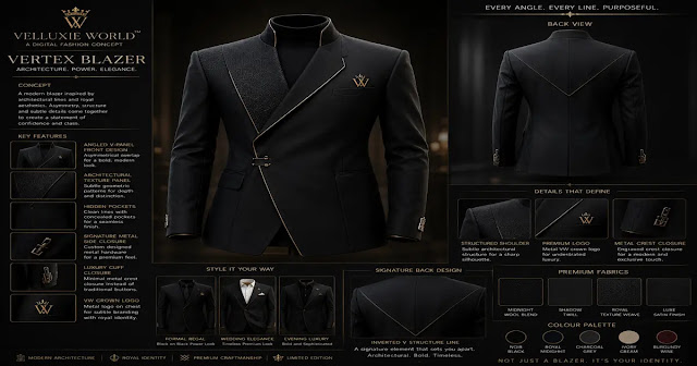 Velluxie World Vertex Blazer ka digital design banner jisme front aur back view, fabric textures, aur signature metal closures ke key features dikhaye gaye hain.