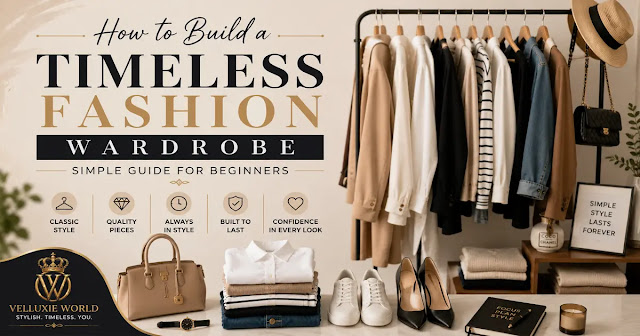 A modern clothing rack with timeless wardrobe essentials, including neutral-colored clothes, shoes, a handbag, and accessories
