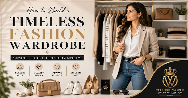 A stylish woman standing beside a modern wardrobe with classic clothing, shoes, handbag, and accessories, showing how to build a timeless fashion wardrobe for beginners.