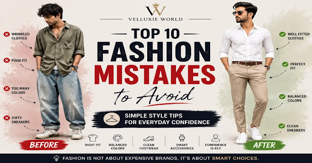 A before-and-after fashion banner showing common style mistakes versus smart fashion choices, highlighting proper fit, balanced colors, clean sneakers, and confident everyday styling.