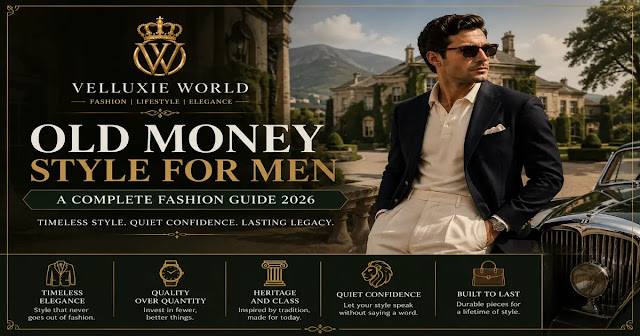 Old Money Wardrobe Essentials Every Man Should Own | Old Money wardrobe essentials banner featuring a stylish man in a classic blazer with timeless clothing and accessories by Velluxie World.
