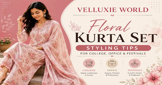 Floral Kurta Set Styling Tips for College, Office & Festivals (2026) Woman wearing a pink floral kurta set with stylish outfit ideas for college, office, and festival occasions.