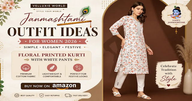 A woman wearing a white floral printed kurti with white pants, styled for Janmashtami 2026. A simple and elegant ethnic outfit for temple visits and festive celebrations.