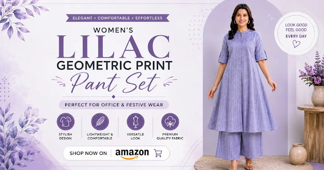 Women's lilac geometric print pant set with mandarin collar and front buttons, perfect for office wear, casual outings, and festive occasions.