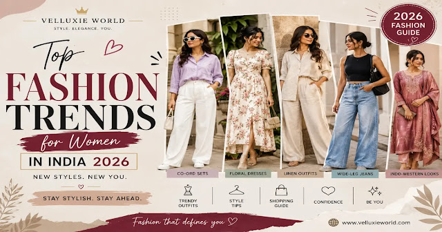 A 2026 fashion trends guide infographic for women in India by Velluxie World, showcasing five models wearing trending styles: lavender and white co-ord sets, a floral wrap dress, beige relaxed linen outfits, casual wide-leg jeans with a black tank top, and an elegant maroon Indo-Western layered look.
