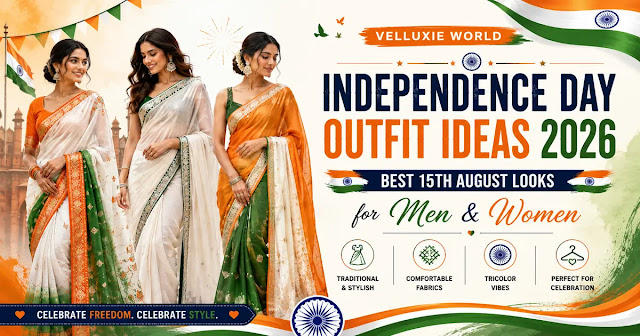 Best 15th August Saree Looks for Women Three women wearing trending Independence Day sarees in white, saffron, and green for 15th August 2026 celebrations.