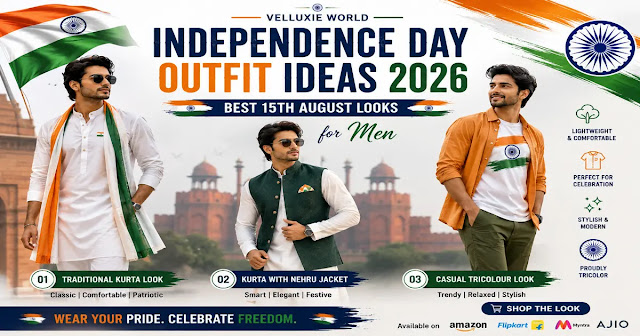 Best 15th August Looks for Men Three men wearing trending Independence Day outfits 2026, including a white kurta, Nehru jacket, and casual tricolor look for 15th August celebrations.