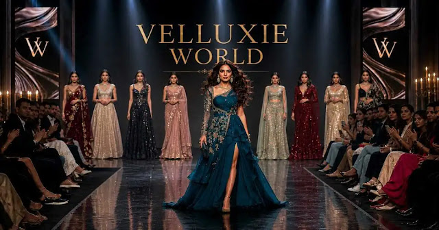 Signature Teal Bridal Lehenga & Evening Couture Showcase A professional fashion show runway under spotlights with the brand name "VELLUXIE WORLD" in gold lettering. The lead model struts forward in a unique teal-blue asymmetric gown with intricate embroidery and a high slit. Eight background models stand lined up in elegant traditional and fusion dresses, while a seated audience watches from both sides.