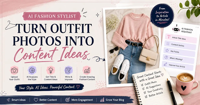AI fashion stylist banner showing an outfit photo, fashion content ideas, article titles, content outlines, and AI writing suggestions.
