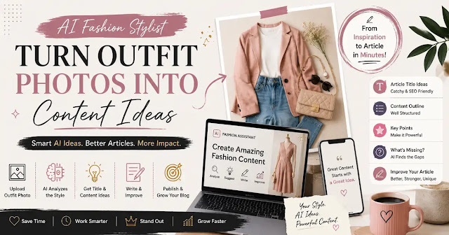 Editorial-style AI fashion banner showing an outfit photo with AI-generated title ideas, content outlines, article improvements, and fashion writing tools.