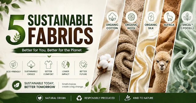5 sustainable fabrics including organic cotton, organic wool, organic silk, alpaca, and Tencel for eco-friendly clothing