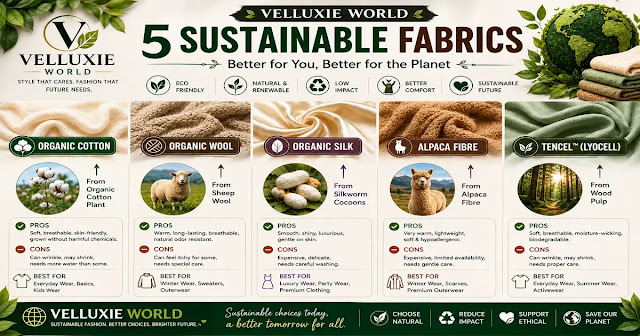 Five sustainable fabrics for clothing including organic cotton, organic wool, organic silk, alpaca fibre, and Tencel from Velluxie World