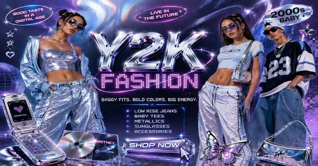 Y2K Fashion Guide: Baggy Fits & Bold Colors Y2K fashion banner featuring models in metallic cargo pants, baby tees, shiny sunglasses, CD jewels, and a retro flip phone
