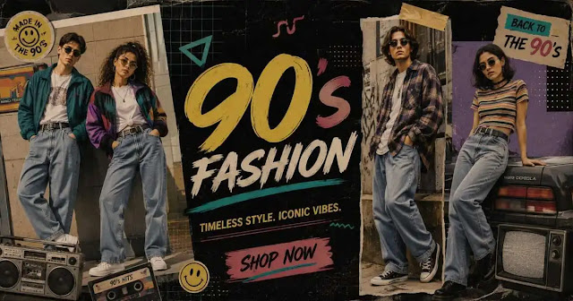 90s Fashion Guide: How to Wear the Grunge 90s fashion banner with models in baggy jeans, oversized flannels, colorblock jackets, striped tees, and retro boombox