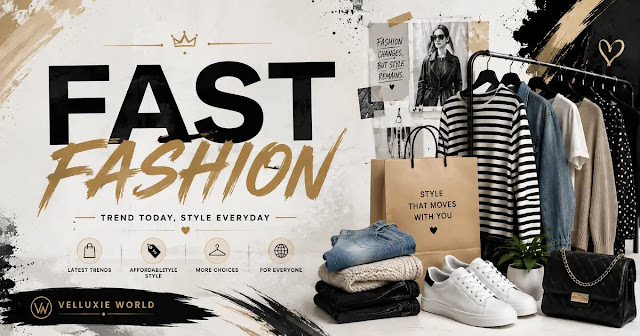 Fast fashion clothing rack with trendy outfits, accessories, and Velluxie World branding